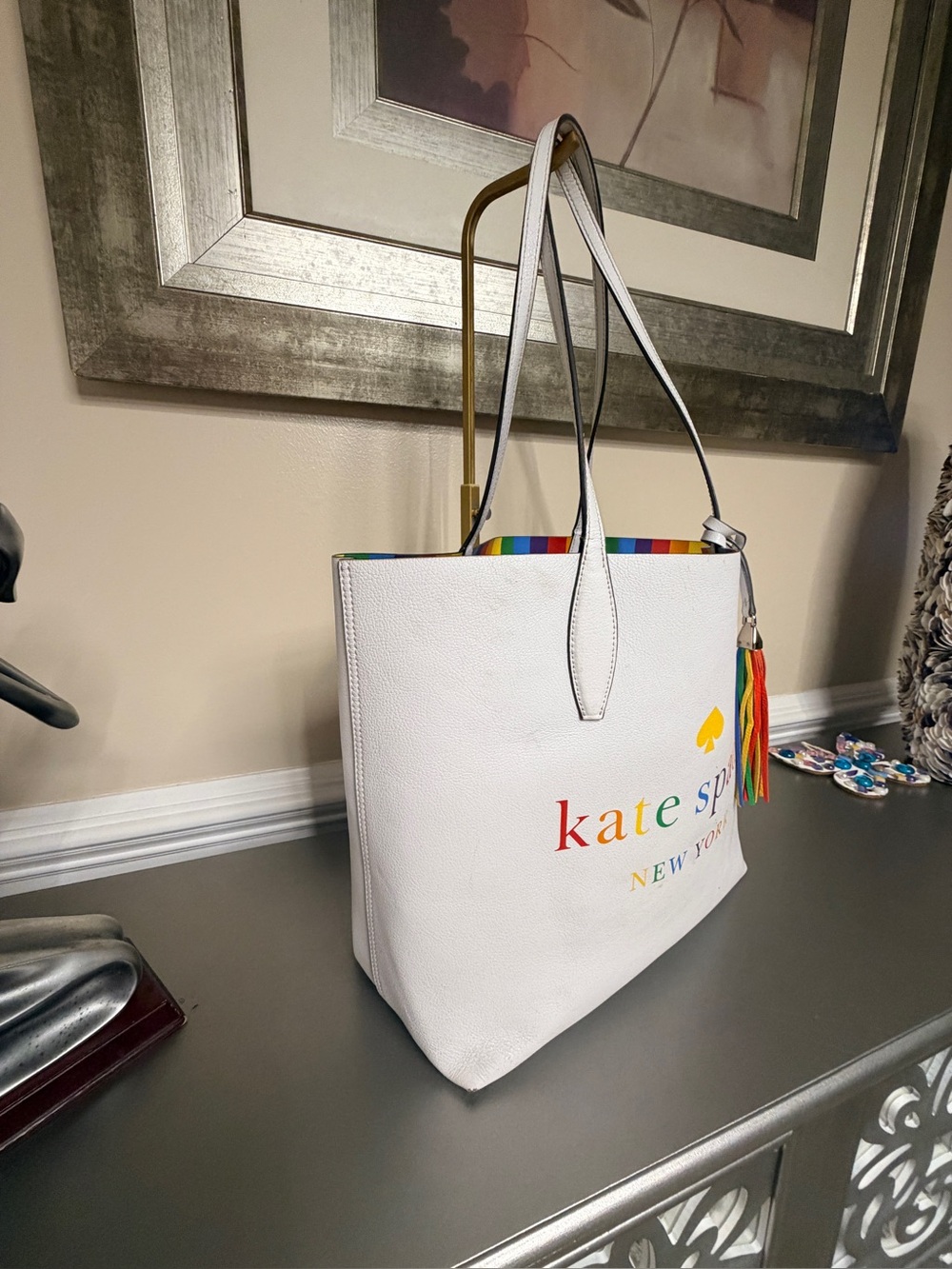 Kate Spade Reversible White Tote with Rainbow Tassel - Picture 4 of 7